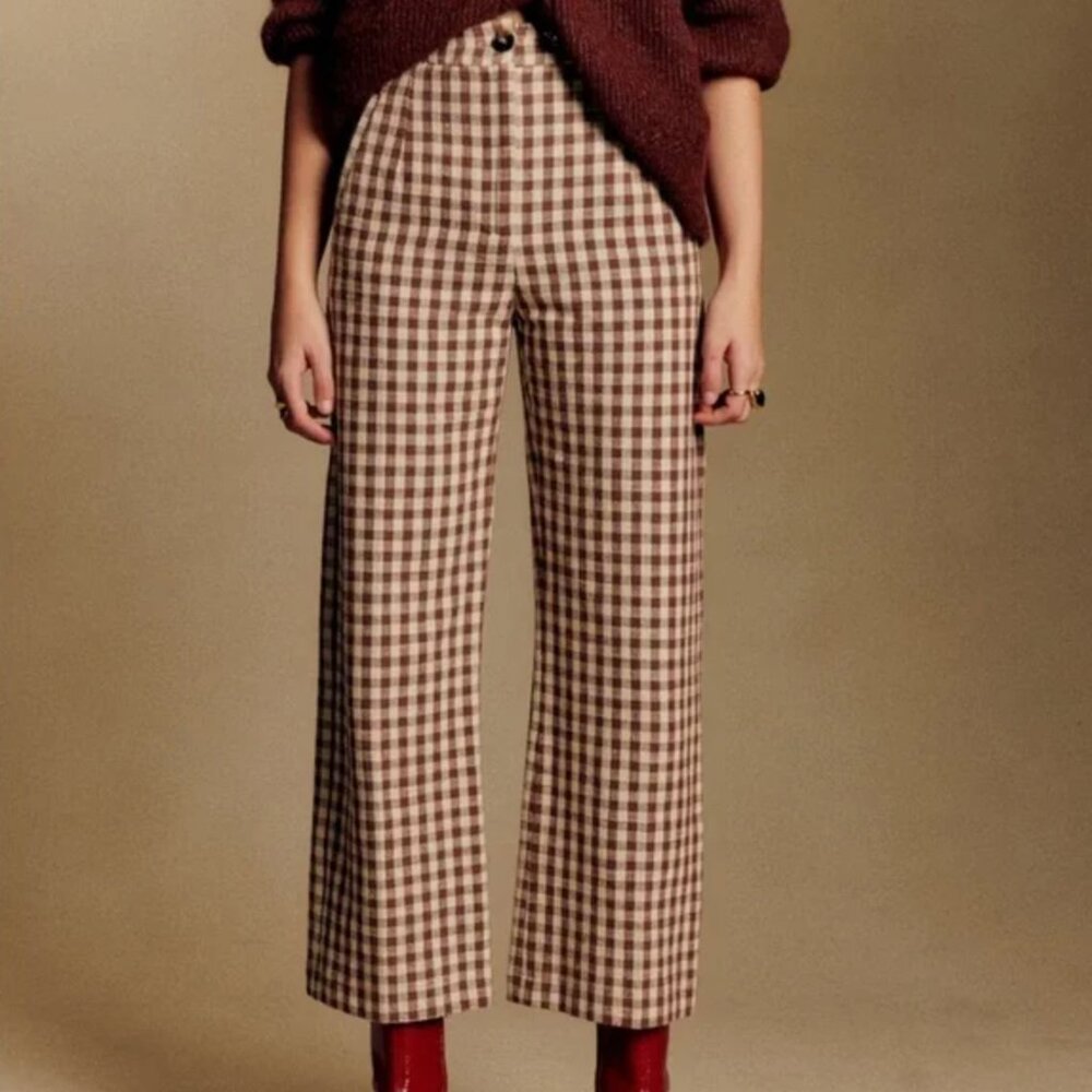 Sezane Martin Crop Trousers Brown Gingham/ Ecru - Size 8